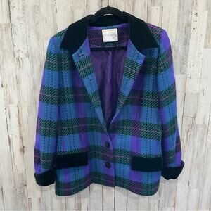 Vintage Don Caster 100% Wool Purple Plaid Lined Blazer Velvet Size 14 Petite
